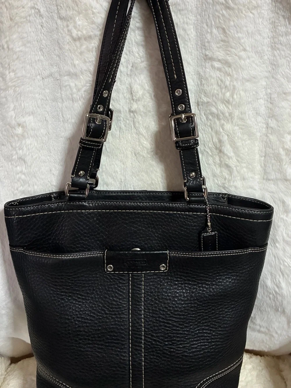 Coach Hamilton Black Leather Shoulder Bag with White Stitching
